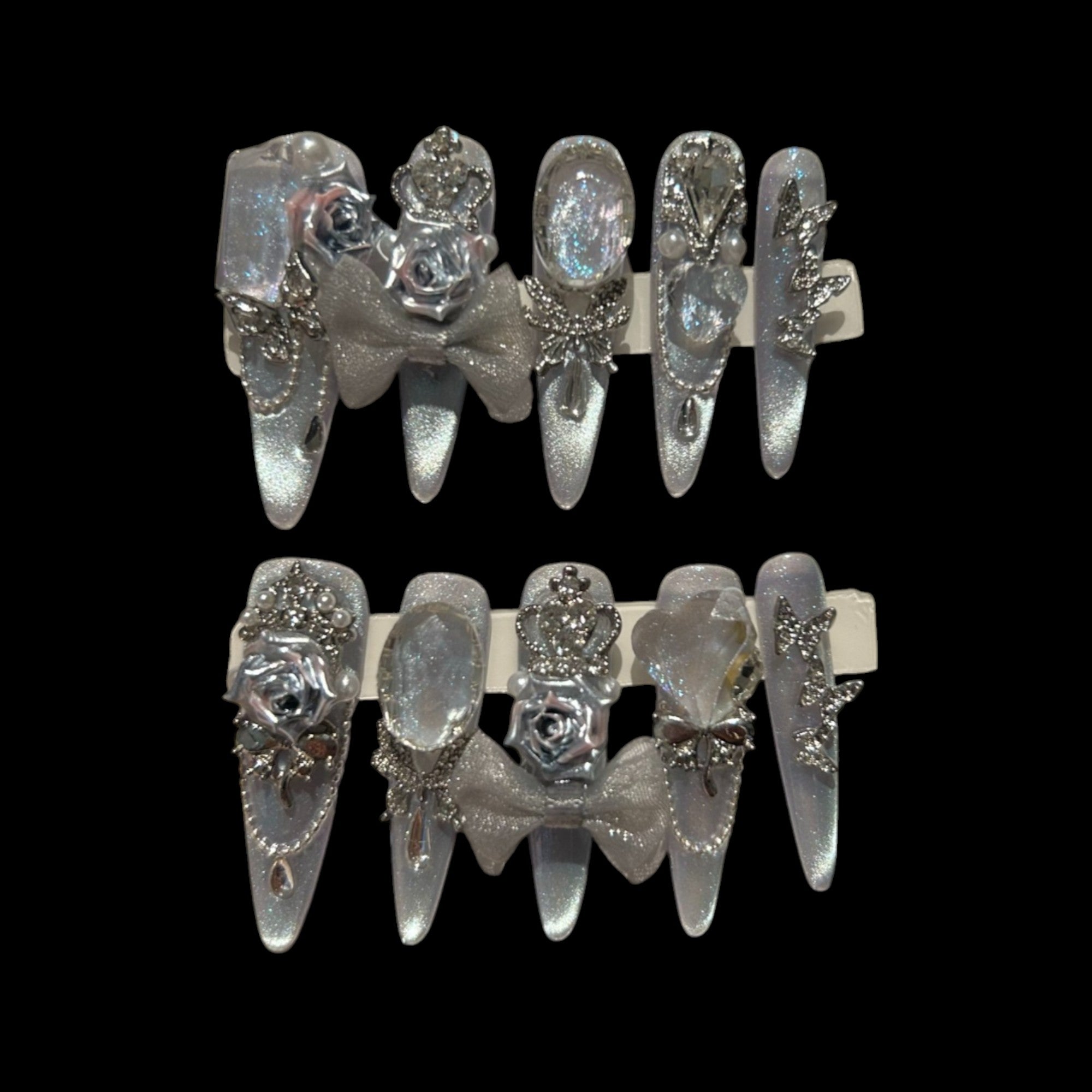 Moonlit Frost – Iridescent Lavender Press-On Nails with Silver Bows & 3D Charms