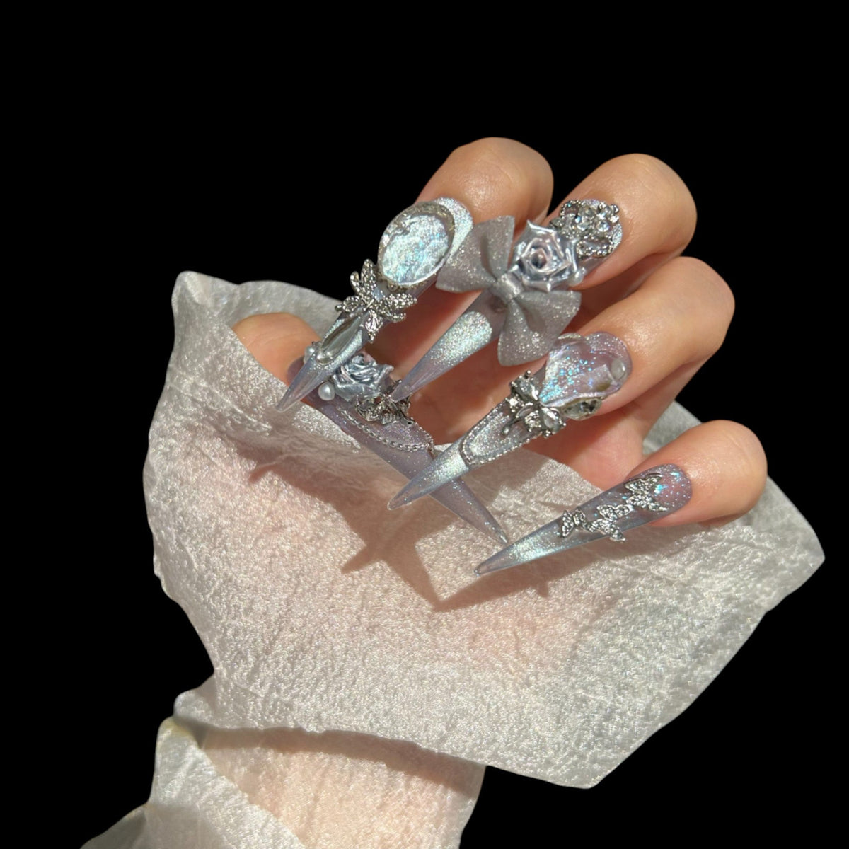 Moonlit Frost – Iridescent Lavender Press-On Nails with Silver Bows & 3D Charms 1.57-inch