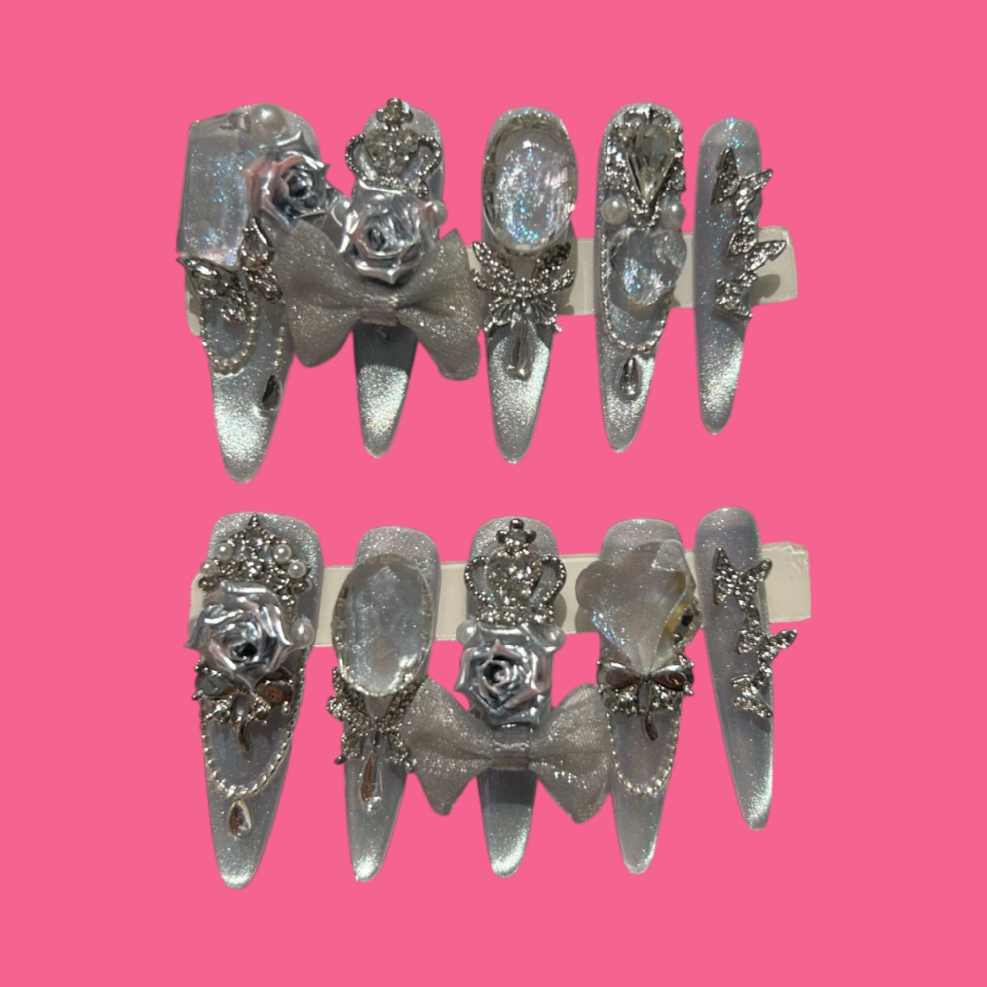 Moonlit Frost – Iridescent Lavender Press-On Nails with Silver Bows & 3D Charms