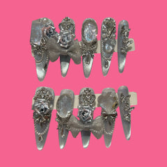 Moonlit Frost – Iridescent Lavender Press-On Nails with Silver Bows & 3D Charms