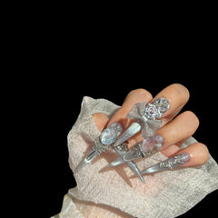 Moonlit Frost – Iridescent Lavender Press-On Nails with Silver Bows & 3D Charms