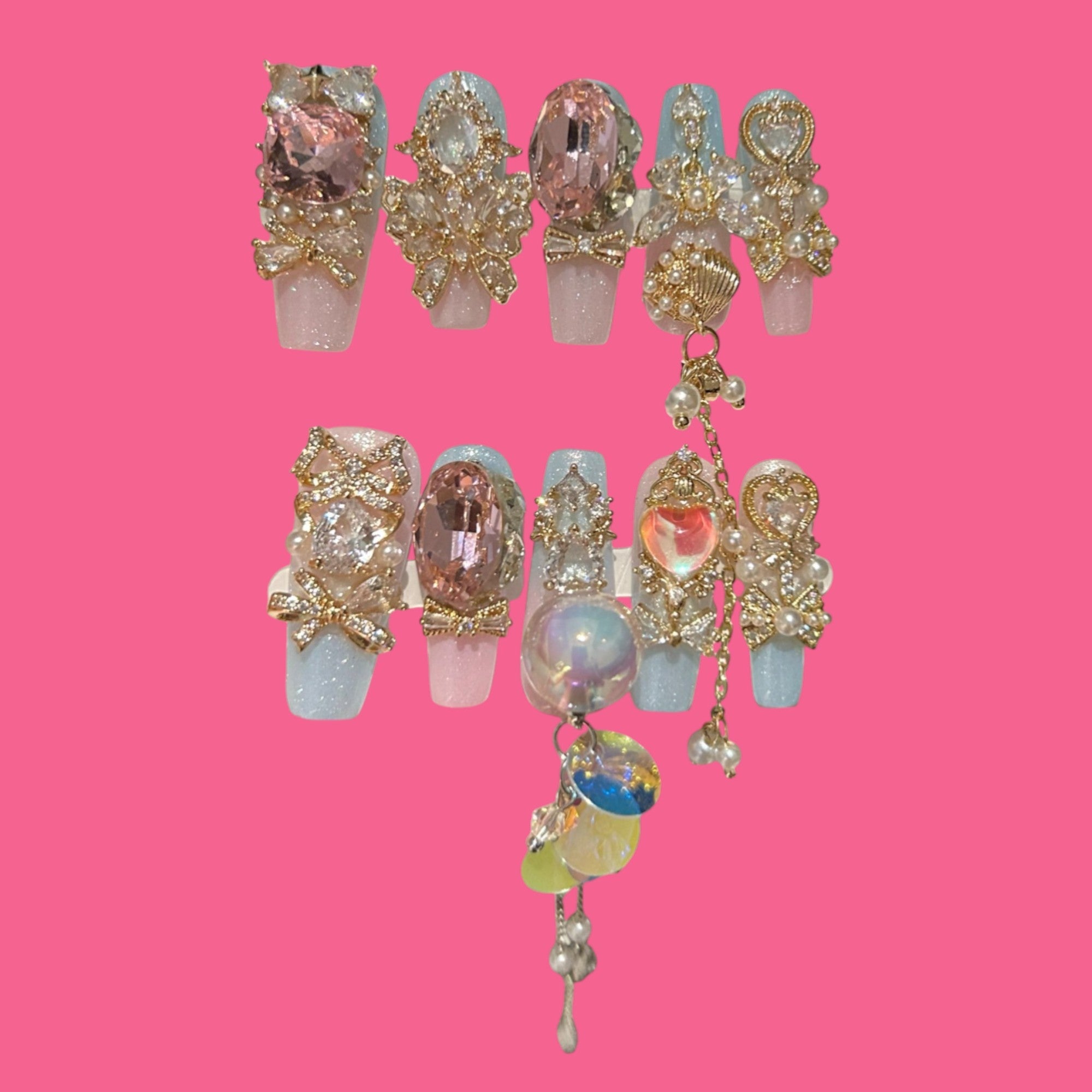 Mermaid Candycore – Pastel Press-On Nails with Shells, Pearls & Iridescent Charms