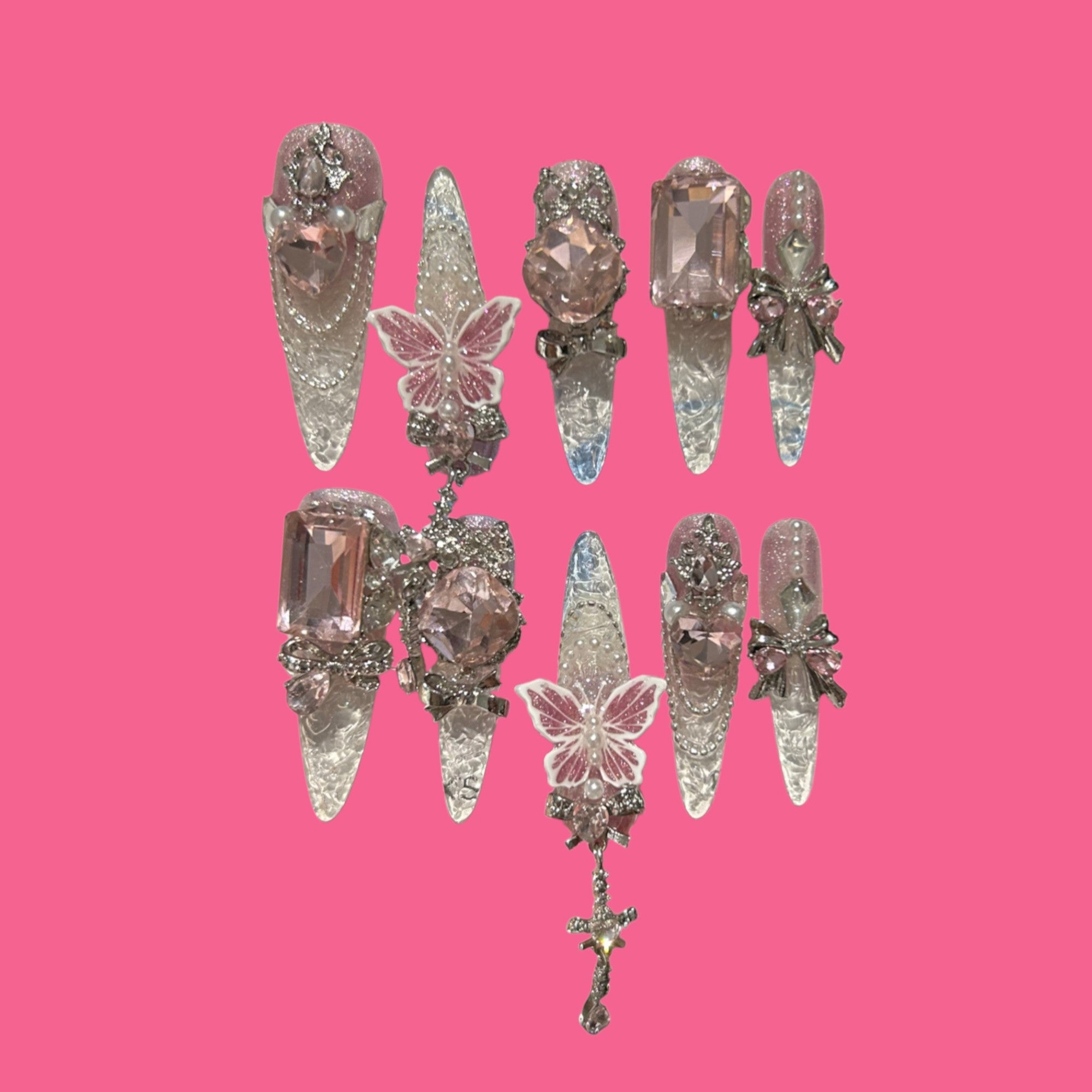 Crystal Flutter – Clear Pink Press-On Nails with Butterflies & Gem Charms 1.57''
