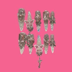Crystal Flutter – Clear Pink Press-On Nails with Butterflies & Gem Charms 1.57''