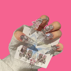 Crystal Flutter – Clear Pink Press-On Nails with Butterflies & Gem Charms 1.57''