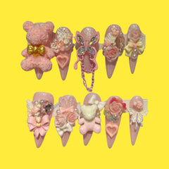 Rosy Teddy Bloom – 3D Bear & Butterfly Press-On Nails in Dreamy Pink