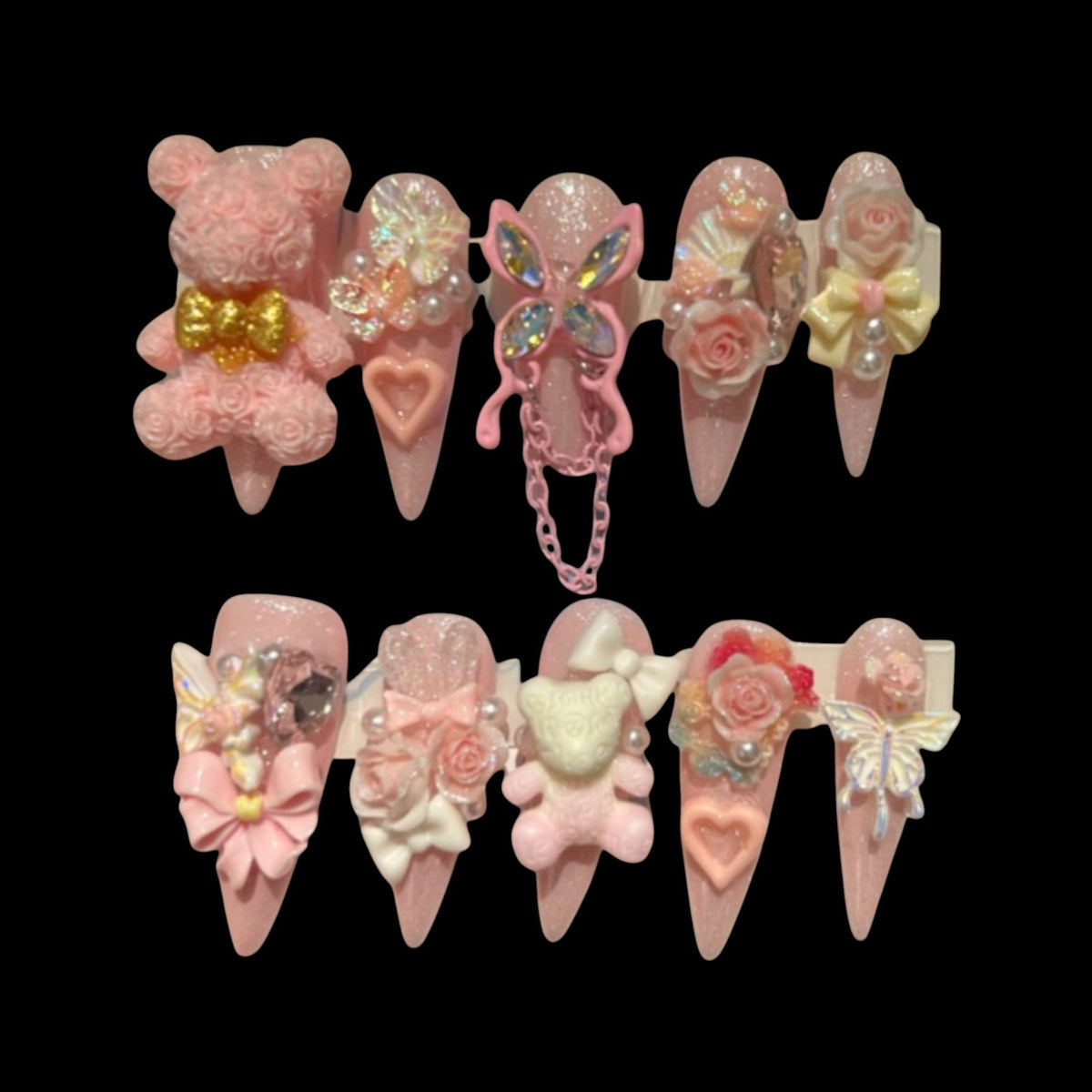 Rosy Teddy Bloom – 3D Bear & Butterfly Press-On Nails in Dreamy Pink 1.18-inch