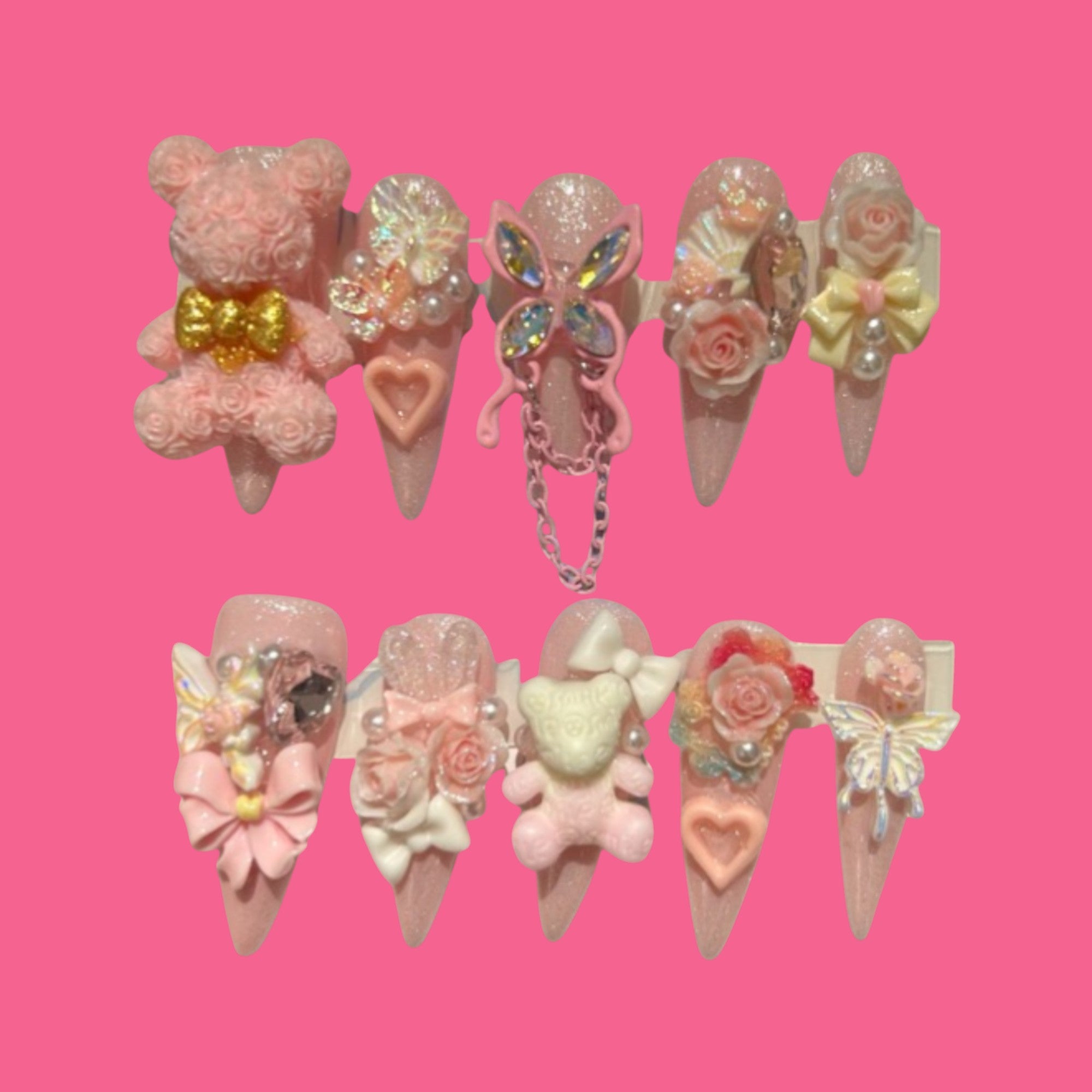 Rosy Teddy Bloom – 3D Bear & Butterfly Press-On Nails in Dreamy Pink
