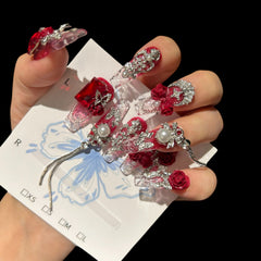 Crimson Regal – Red Rose Crystal Press-On Nails with Pearls & Chains