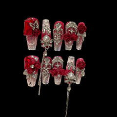 Crimson Regal – Red Rose Crystal Press-On Nails with Pearls & Chains 1.18-inch