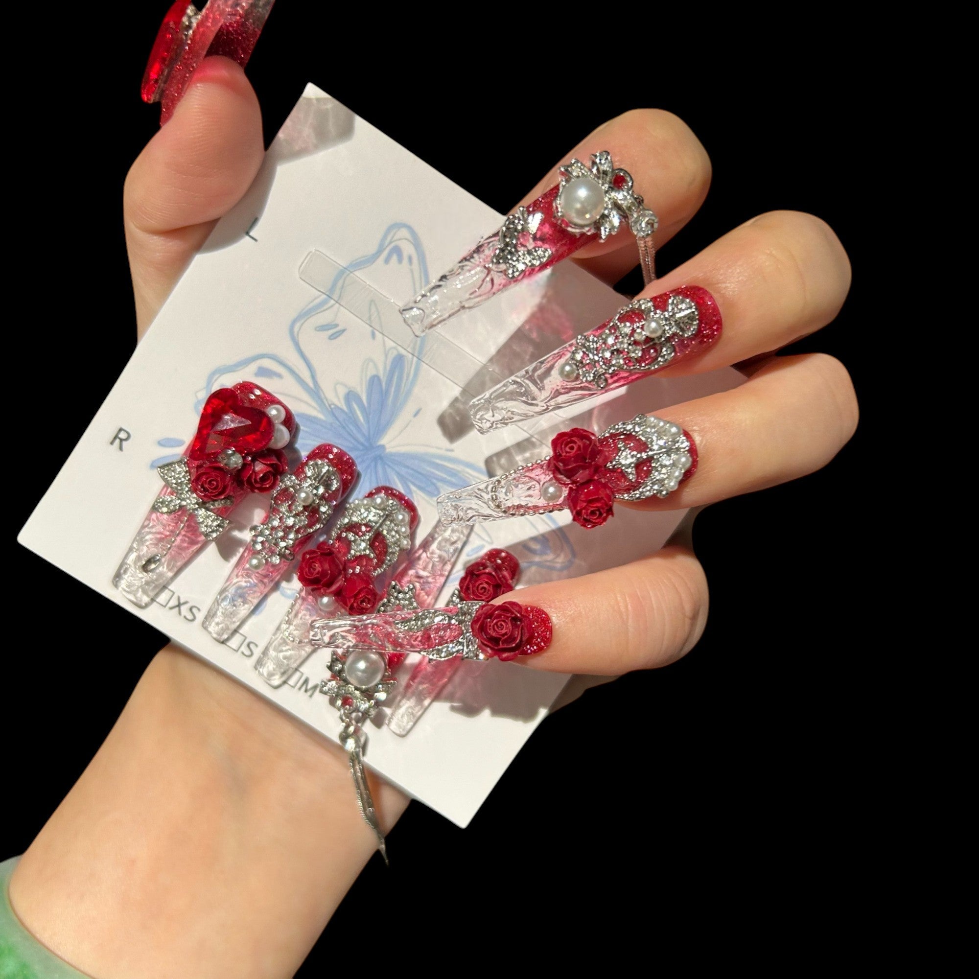 Crimson Regal – Red Rose Crystal Press-On Nails with Pearls & Chains