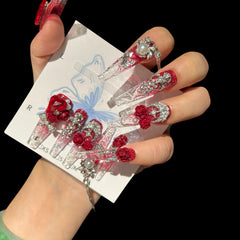 Crimson Regal – Red Rose Crystal Press-On Nails with Pearls & Chains