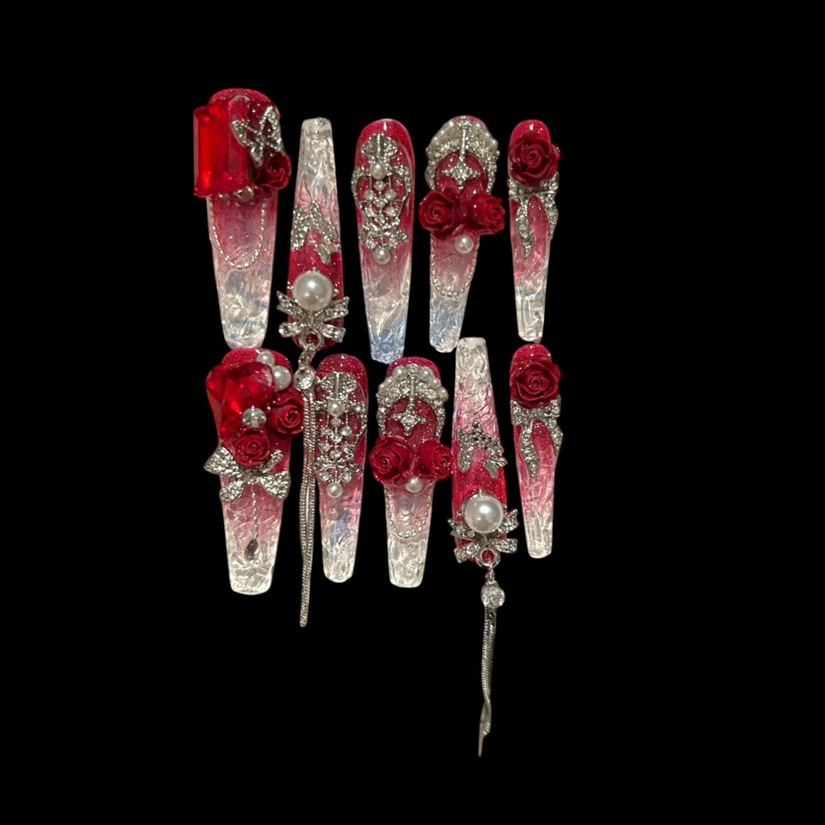 Crimson Regal – Red Rose Crystal Press-On Nails with Pearls & Chains 1.57-inch