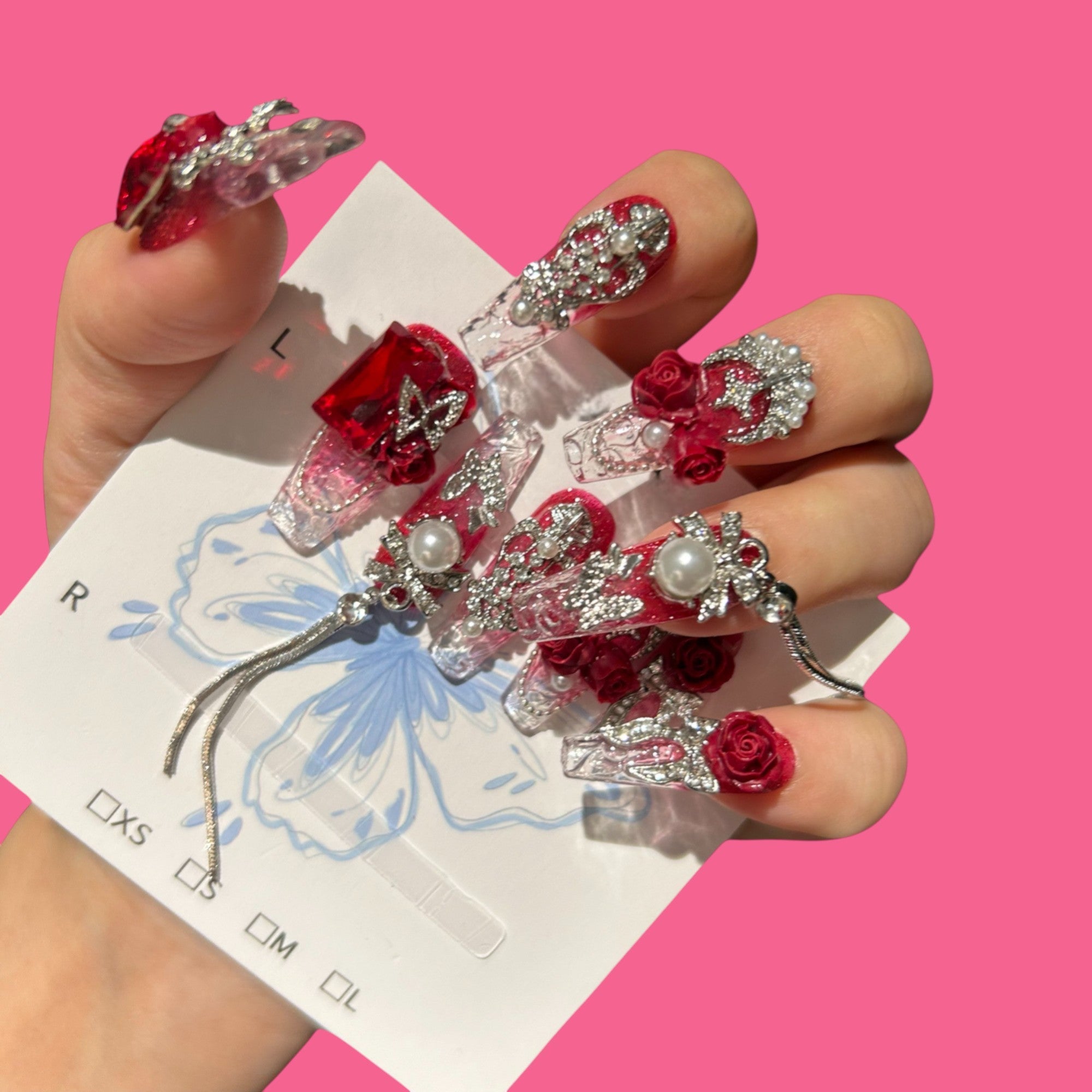 Crimson Regal – Red Rose Crystal Press-On Nails with Pearls & Chains