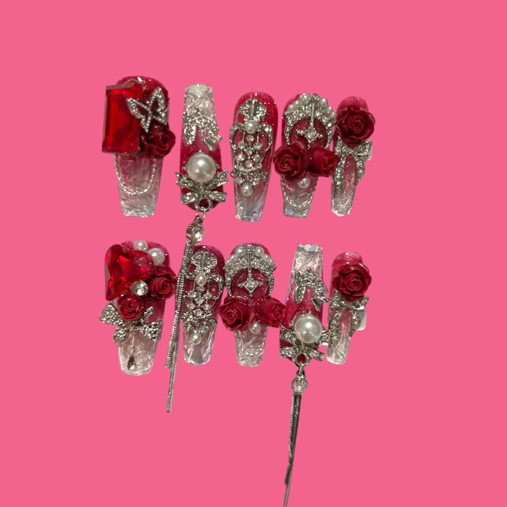 Crimson Regal – Red Rose Crystal Press-On Nails with Pearls & Chains
