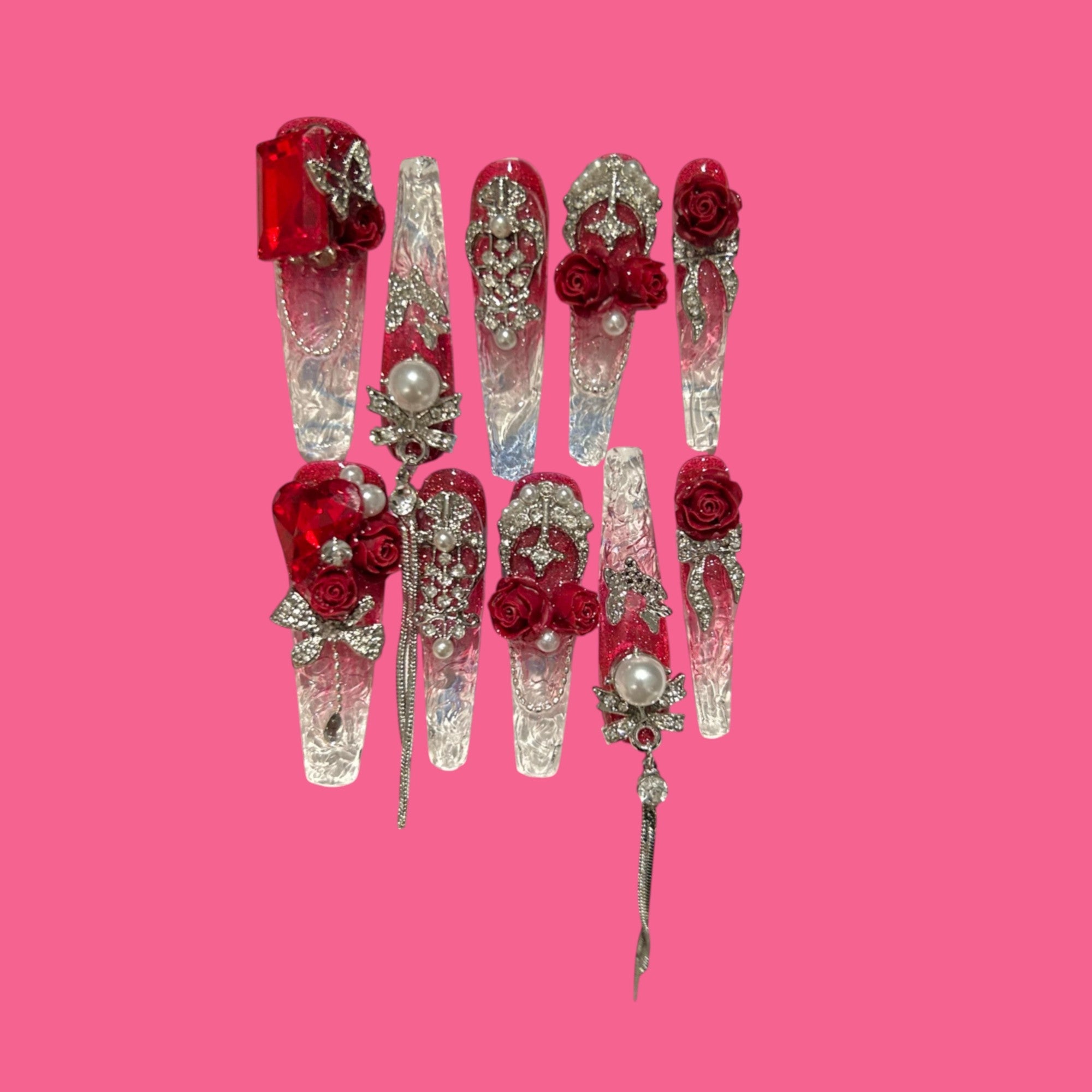 Crimson Regal – Red Rose Crystal Press-On Nails with Pearls & Chains