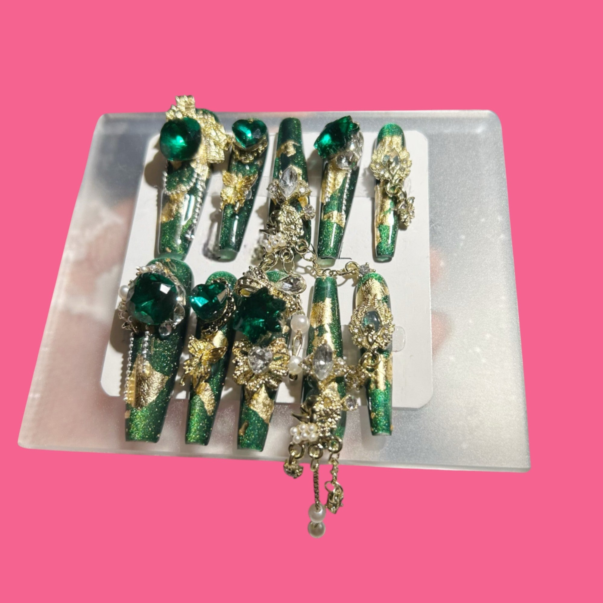 Emerald Enchantress – Gold Foil Press-On Nails with Chains & Royal Gems