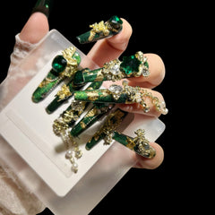 Emerald Enchantress – Gold Foil Press-On Nails with Chains & Royal Gems