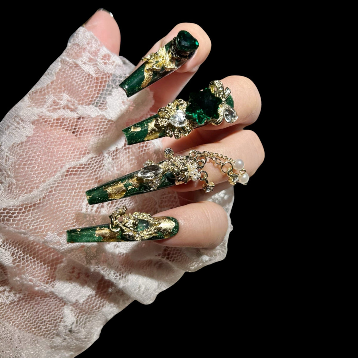 Emerald Enchantress – Gold Foil Press-On Nails with Chains & Royal Gems 1.18-inch