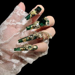 Emerald Enchantress – Gold Foil Press-On Nails with Chains & Royal Gems 1.18-inch