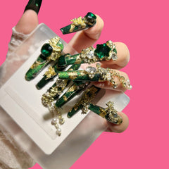 Emerald Enchantress – Gold Foil Press-On Nails with Chains & Royal Gems