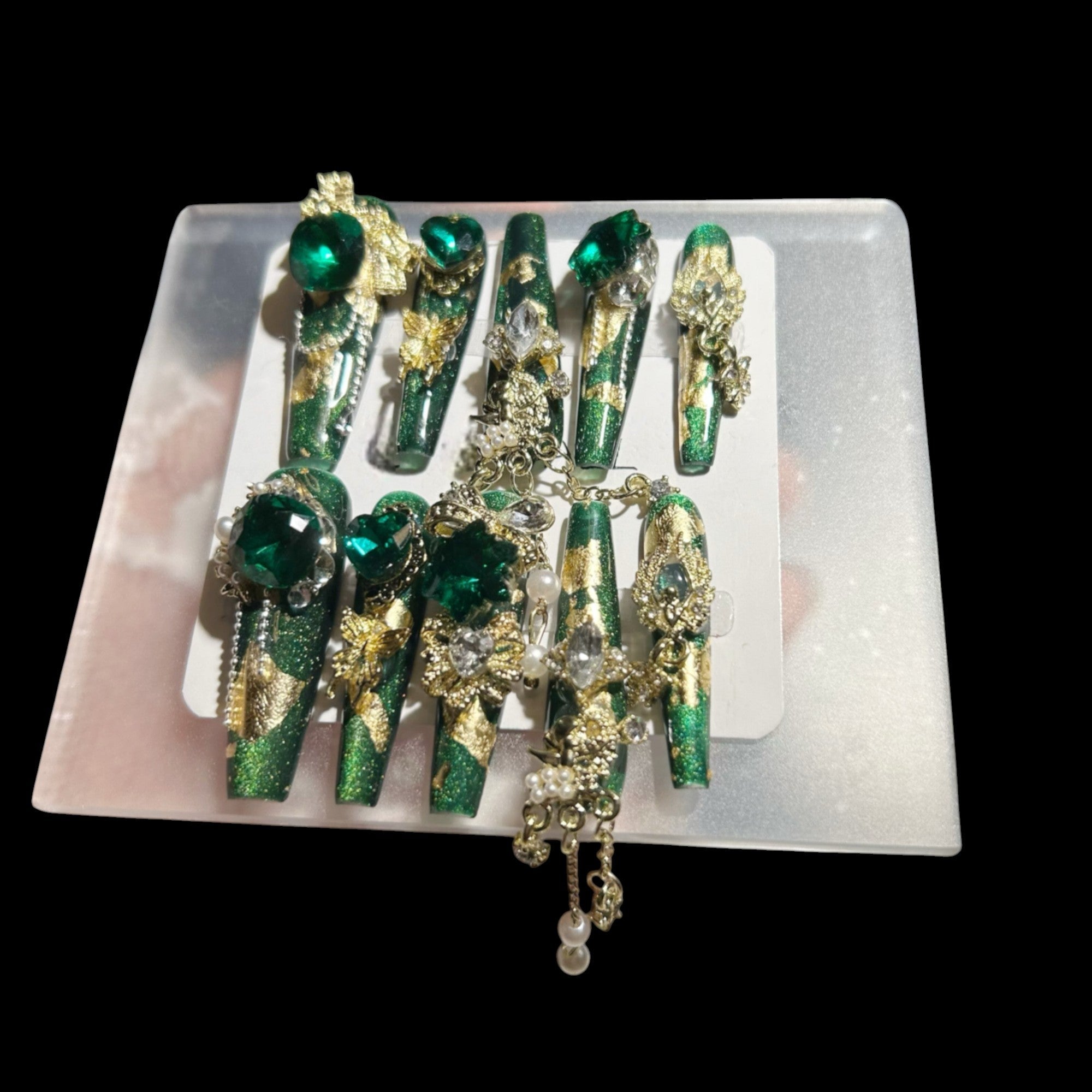 Emerald Enchantress – Gold Foil Press-On Nails with Chains & Royal Gems