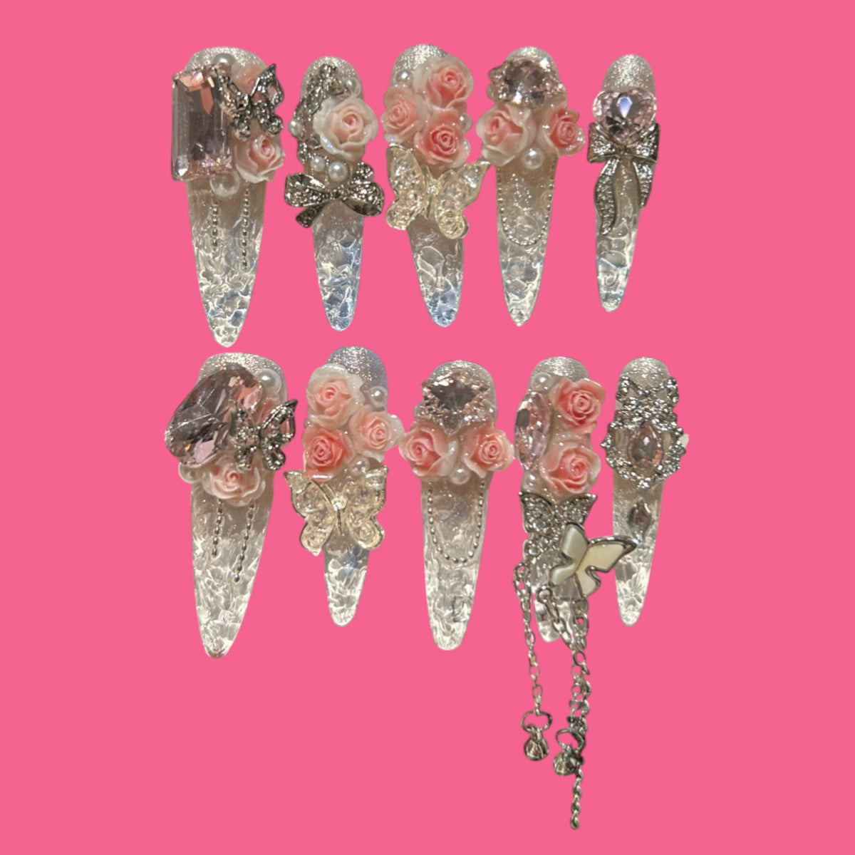 Rosy Crystal Dream – Clear Press-On Nails with Pink Roses, Butterflies & Charms 1.18-inch