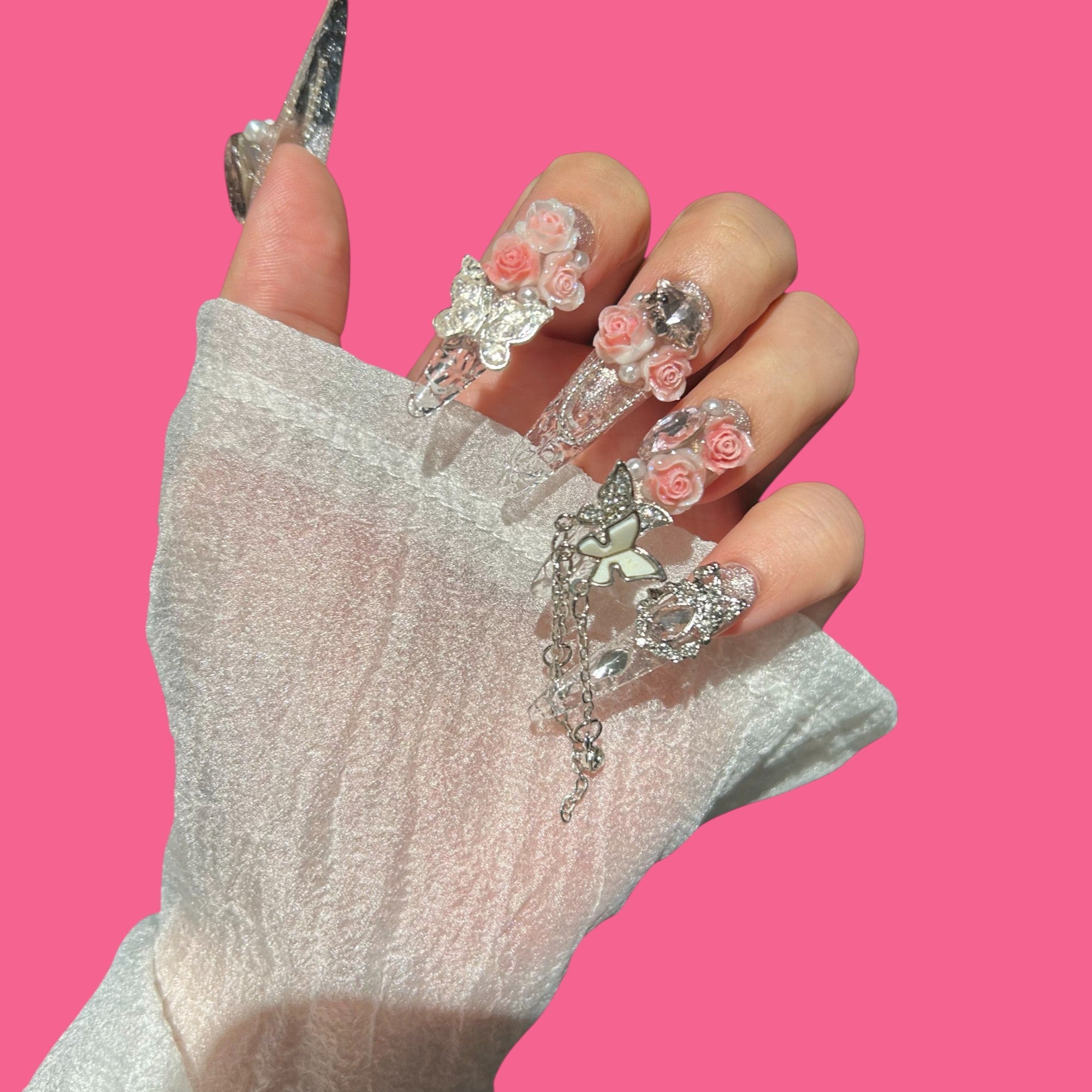 Rosy Crystal Dream – Clear Press-On Nails with Pink Roses, Butterflies & Charms