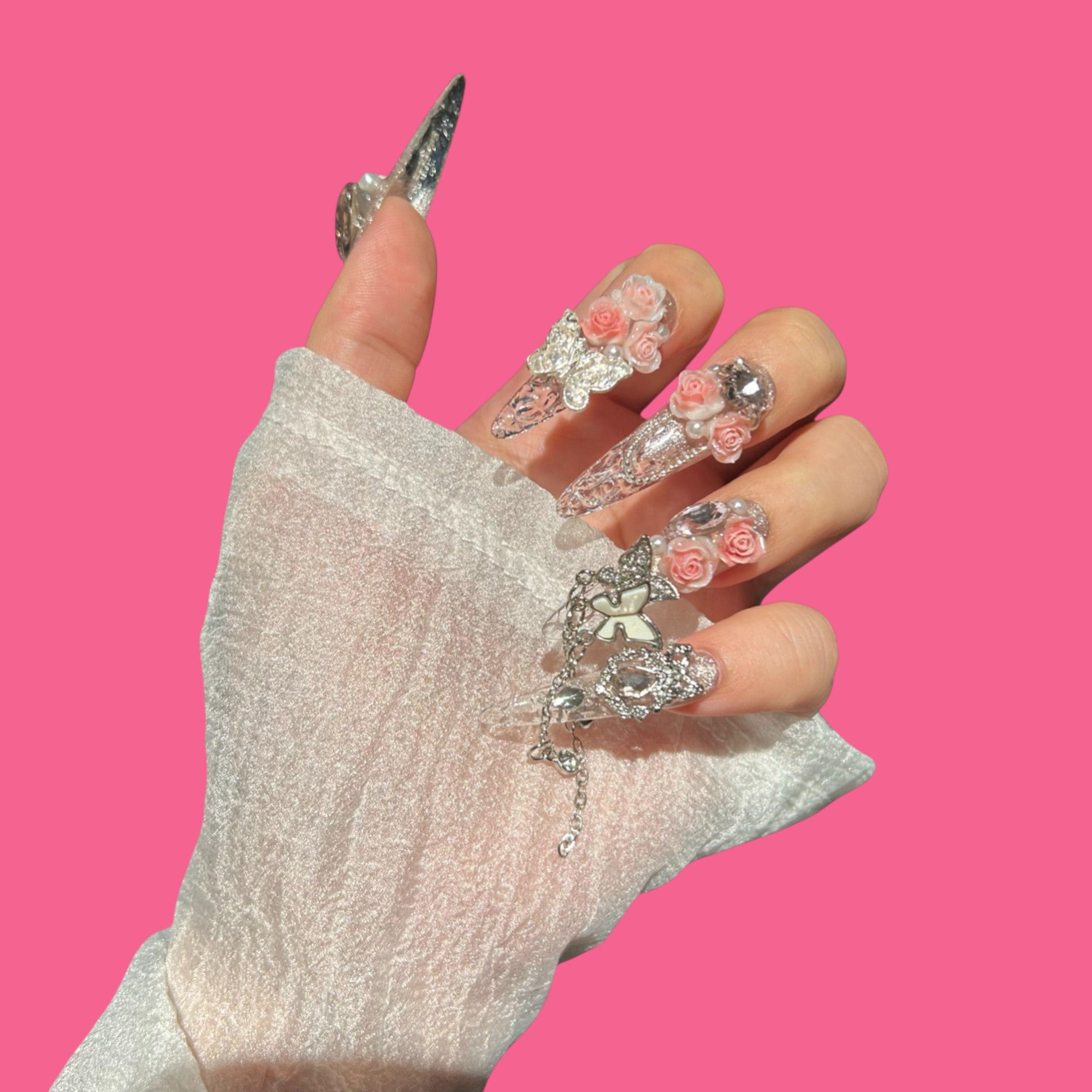 Rosy Crystal Dream – Clear Press-On Nails with Pink Roses, Butterflies & Charms