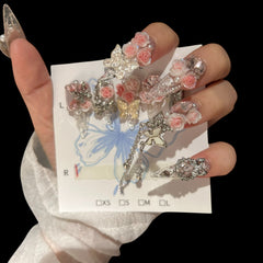 Rosy Crystal Dream – Clear Press-On Nails with Pink Roses, Butterflies & Charms