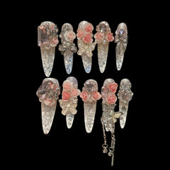 Rosy Crystal Dream – Clear Press-On Nails with Pink Roses, Butterflies & Charms