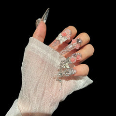 Rosy Crystal Dream – Clear Press-On Nails with Pink Roses, Butterflies & Charms