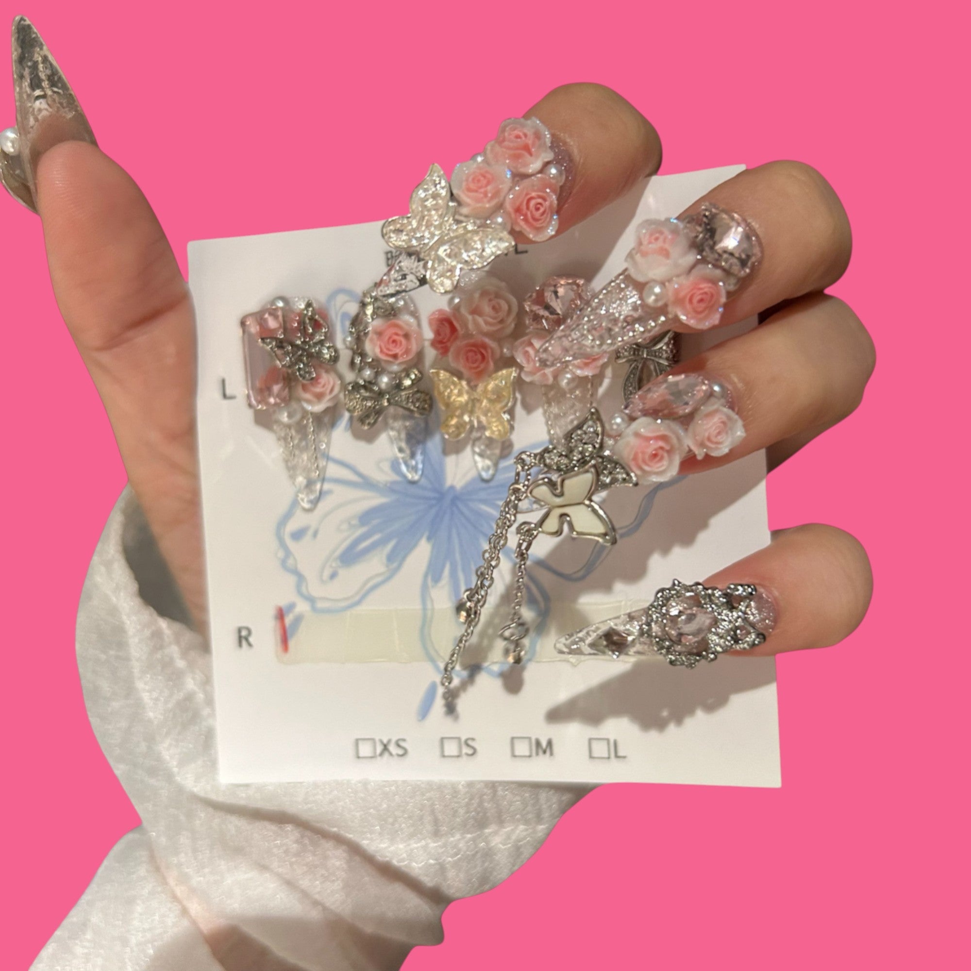 Rosy Crystal Dream – Clear Press-On Nails with Pink Roses, Butterflies & Charms