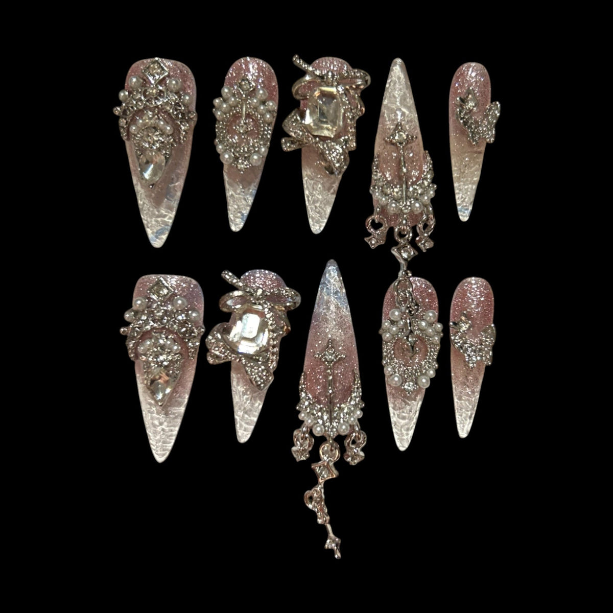 Pearl Enchanted – Glitter Nude Press-On Nails with Royal Chain Charms