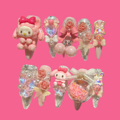 Sweet Melody – My Melody Pink Kawaii Press-On Nails with Glitter & 3D Charms