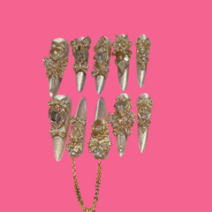 Golden Champagne Luxe – Long Stiletto Press-On Nails with Crystal Bows & Chain Charms