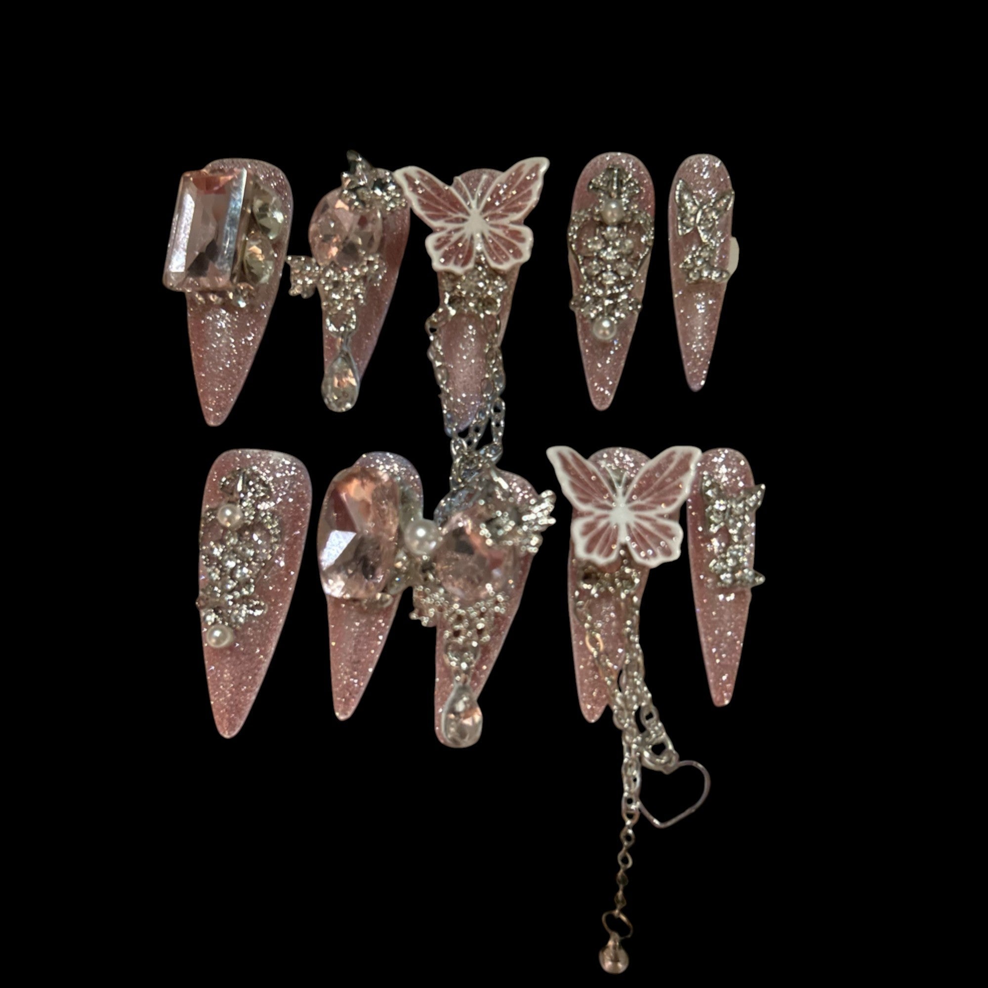 Blush Butterfly Charm – Short Almond Press-On Nails with Rhinestone Chains