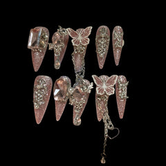 Blush Butterfly Charm – Short Almond Press-On Nails with Rhinestone Chains
