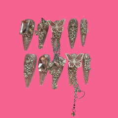 Blush Butterfly Charm – Short Almond Press-On Nails with Rhinestone Chains