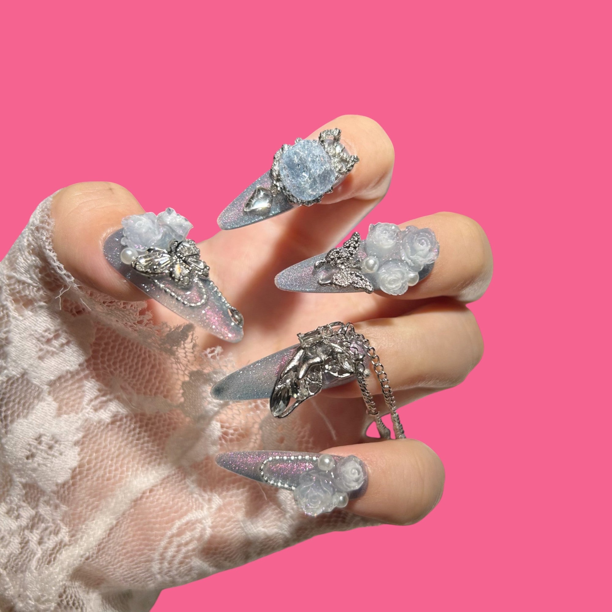 Frosted Thorns – Icy Silver Rose Stiletto Press-On Nails