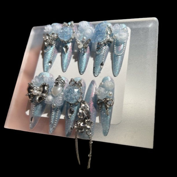 Frosted Thorns – Icy Silver Rose Stiletto Press-On Nails
