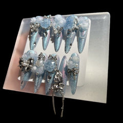 Frosted Thorns – Icy Silver Rose Stiletto Press-On Nails