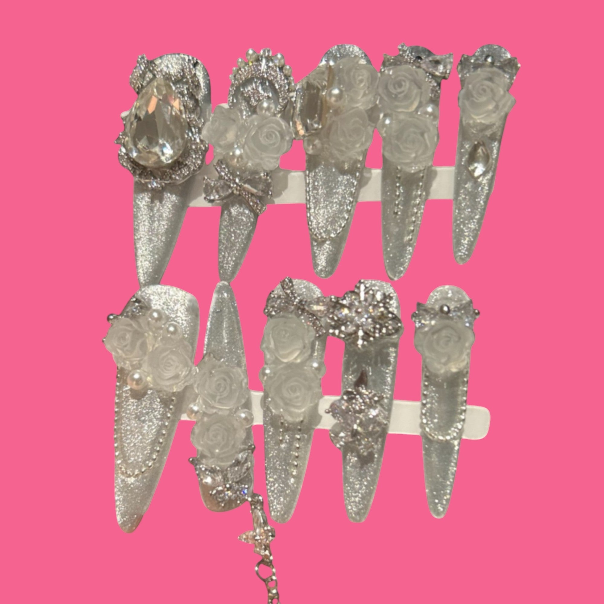 Frosted Elegance Silver Rose Press-On Nails | NailiPress