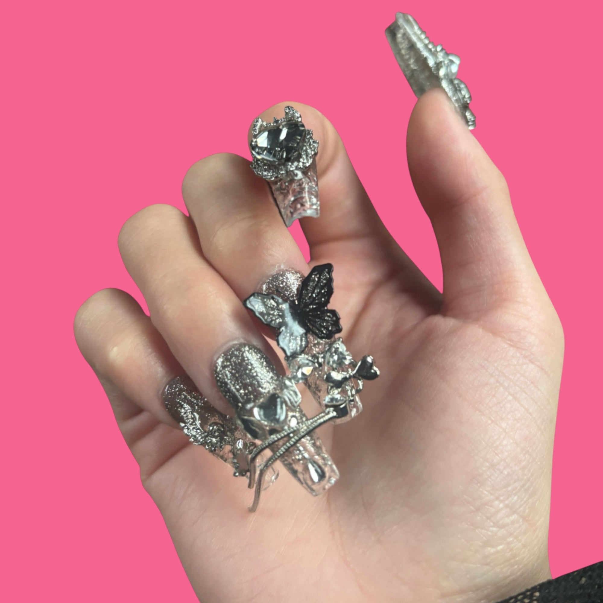 Gothic Silver Butterfly Press-On Nails – Skull & Chain Accents | NailiPress