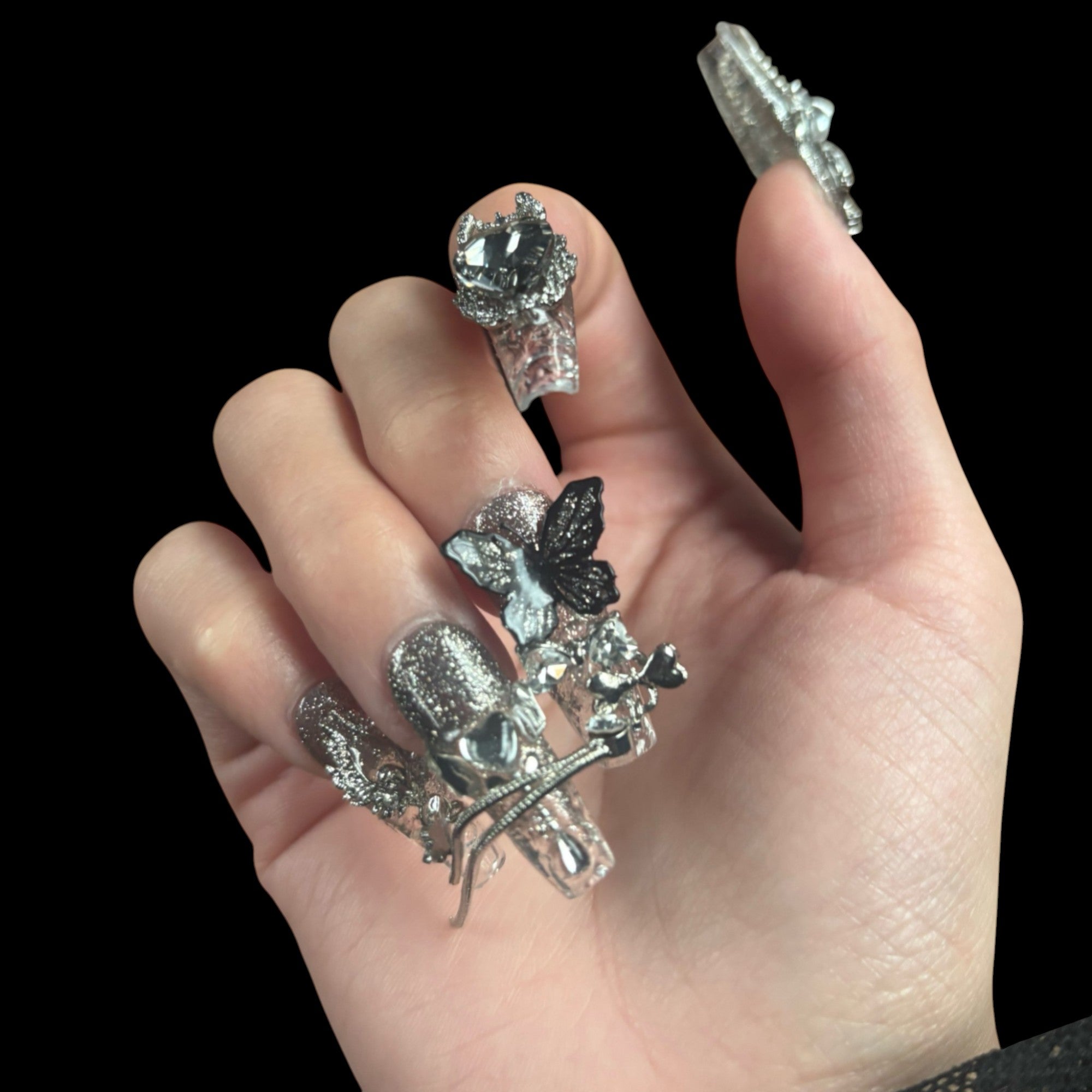 Gothic Silver Butterfly Press-On Nails – Skull & Chain Accents | NailiPress