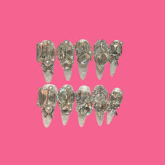Crystal Cut Royal Glam Press-On Nails – Elegant White Pearl Base with Giant Gems 1.18'' | NailiPress