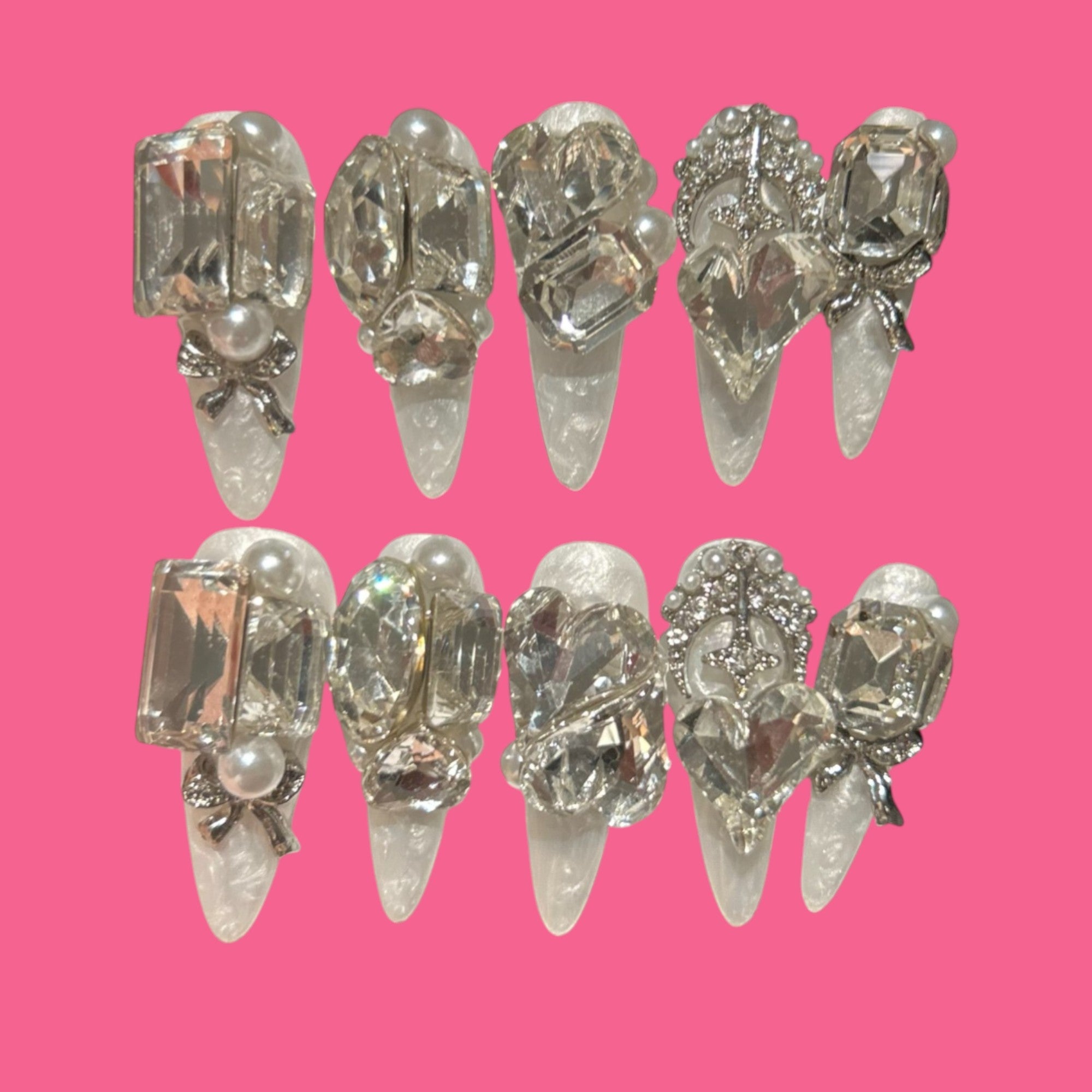 Crystal Cut Royal Glam Press-On Nails – Elegant White Pearl Base with Giant Gems 1.18'' | NailiPress