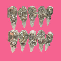 Crystal Cut Royal Glam Press-On Nails – Elegant White Pearl Base with Giant Gems 1.18'' | NailiPress