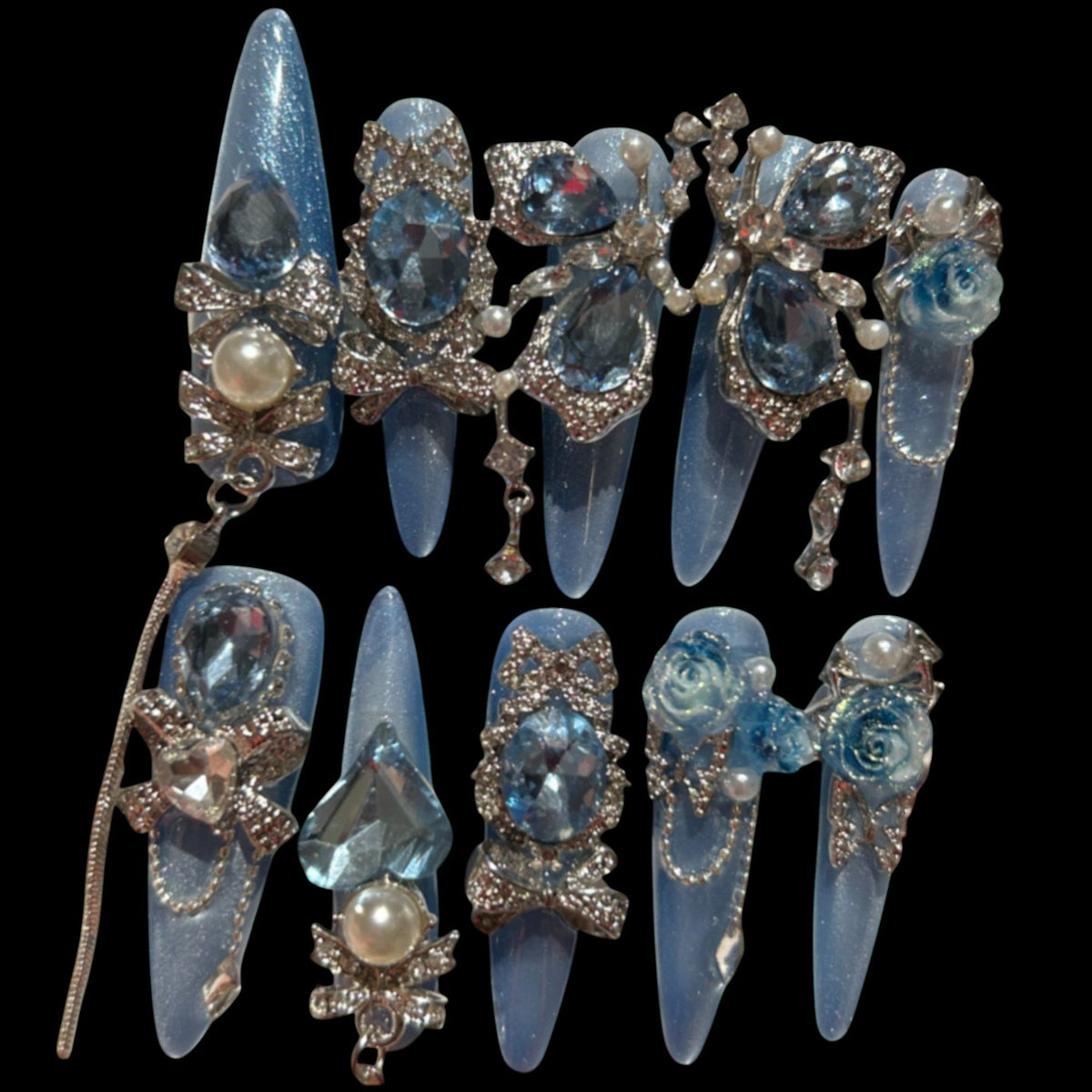 Luxury Icy Blue Crystal 3D Press-On Nails 1.18 inches