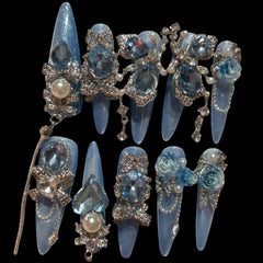 Luxury Icy Blue Crystal 3D Press-On Nails 1.18 inches